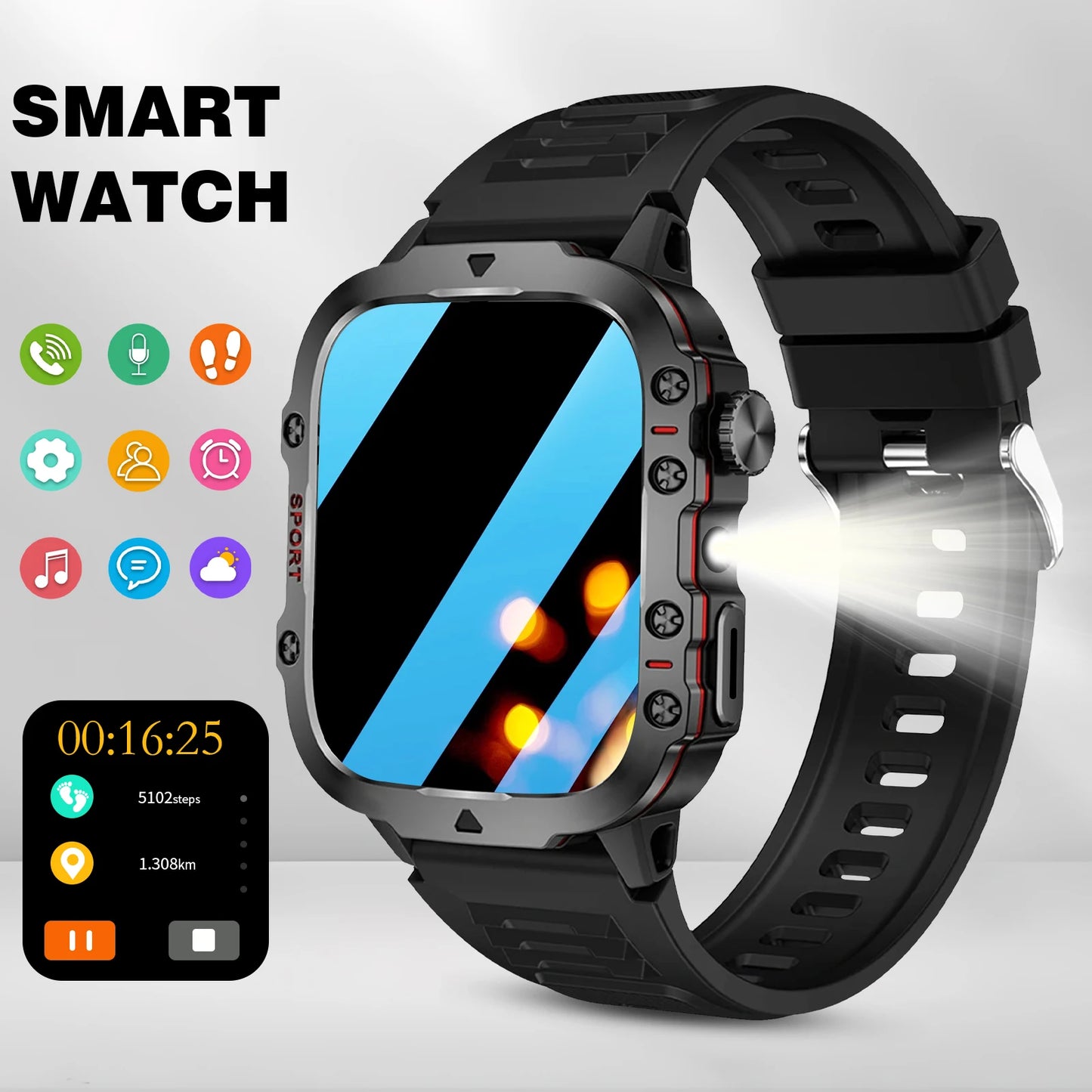 Smartwatch Men Flashlight Waterproof Outdoor Sport Tracker HD Bluetooth Call Smart Watch