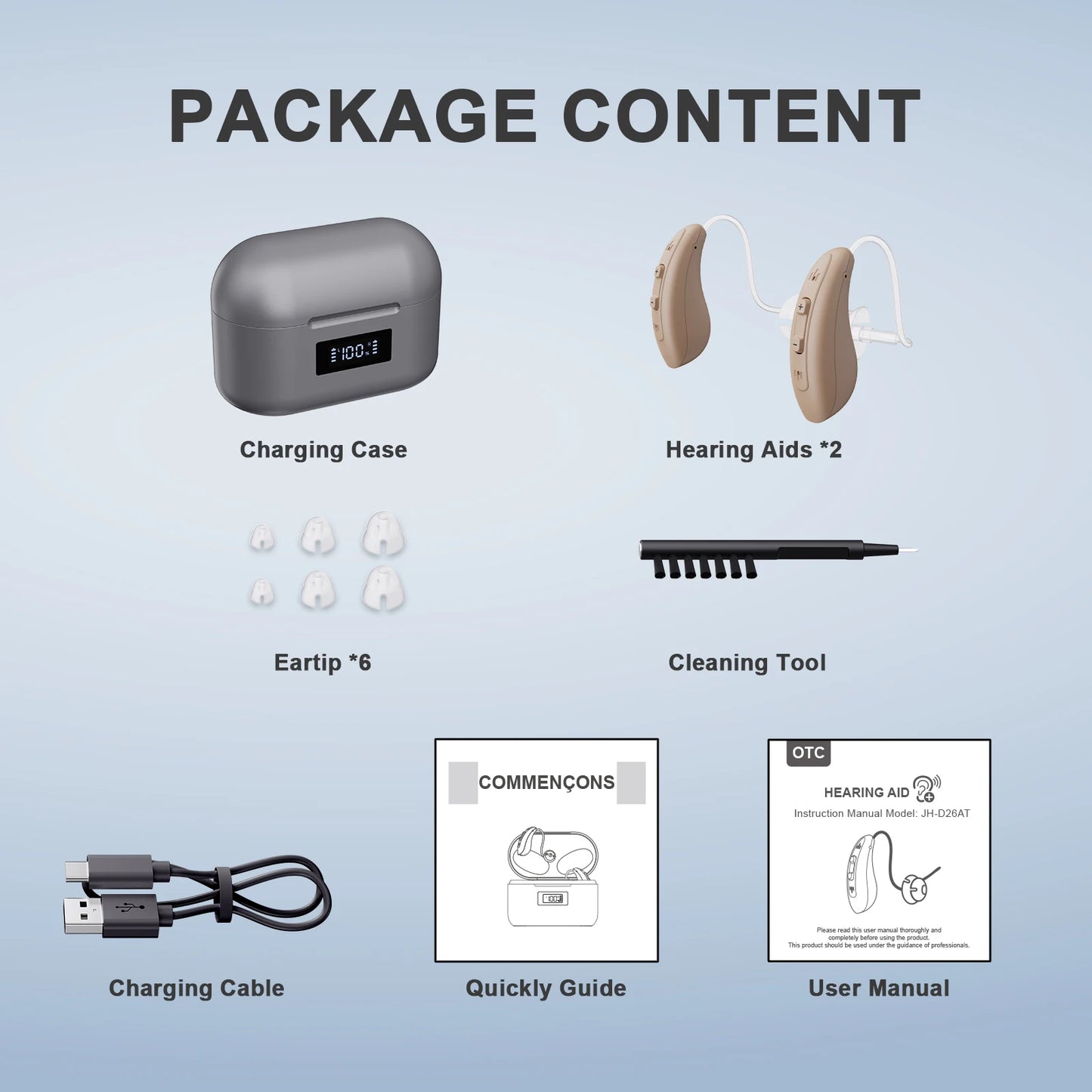 JINGHAO 1 Pair Hearing Aid Rechargable LED Display Sound Amplifier Auto On/off 20H Working Time With Charger Box