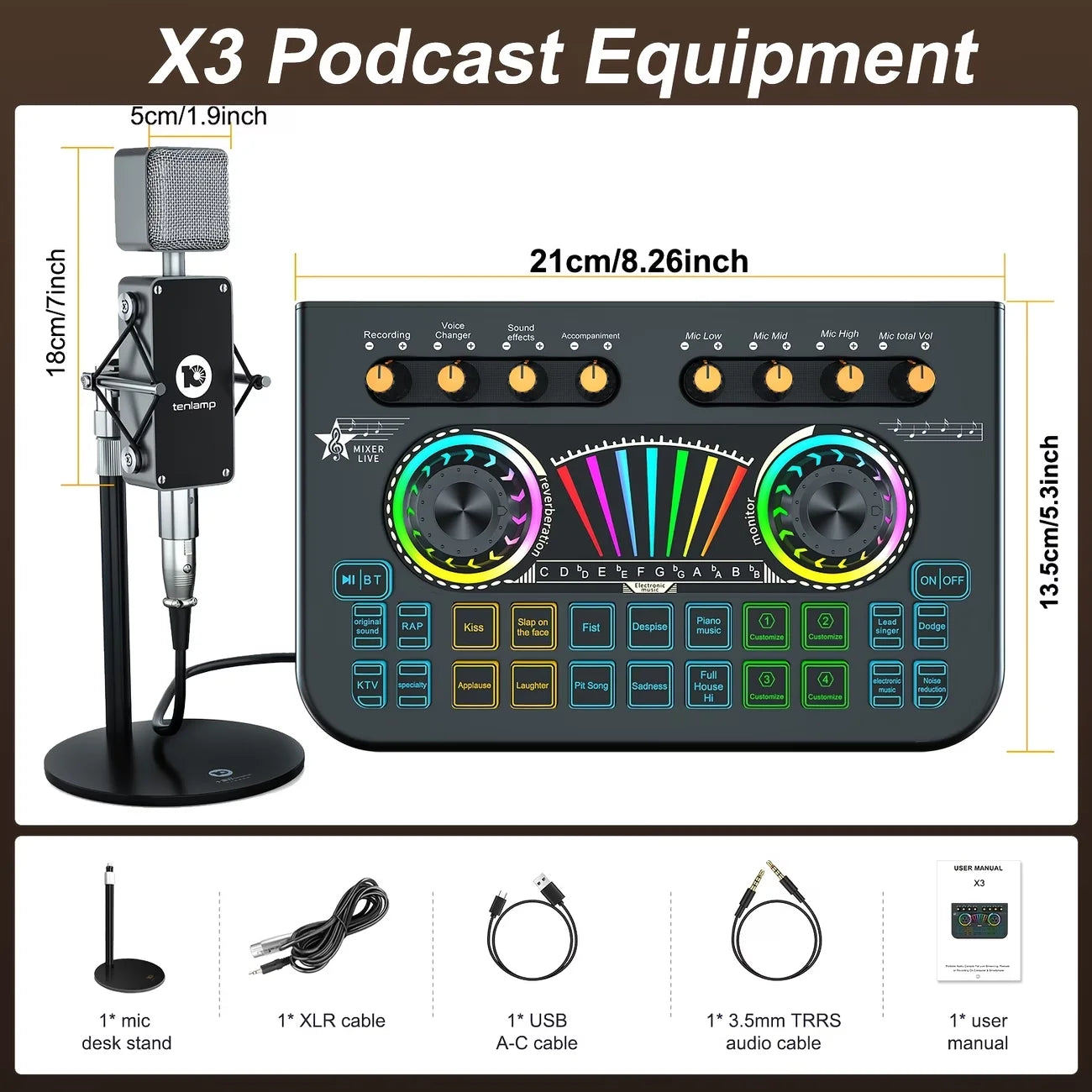 Tenlamp Mic Mixer Set Podcast Influencer KOL Singing Gaming DJ Mixing Station Controller Equipment Studio Recording Electronic Music Mixer Power Karaoke Machine Available Dynamic Condenser Wireless Microphone Portable Microfo