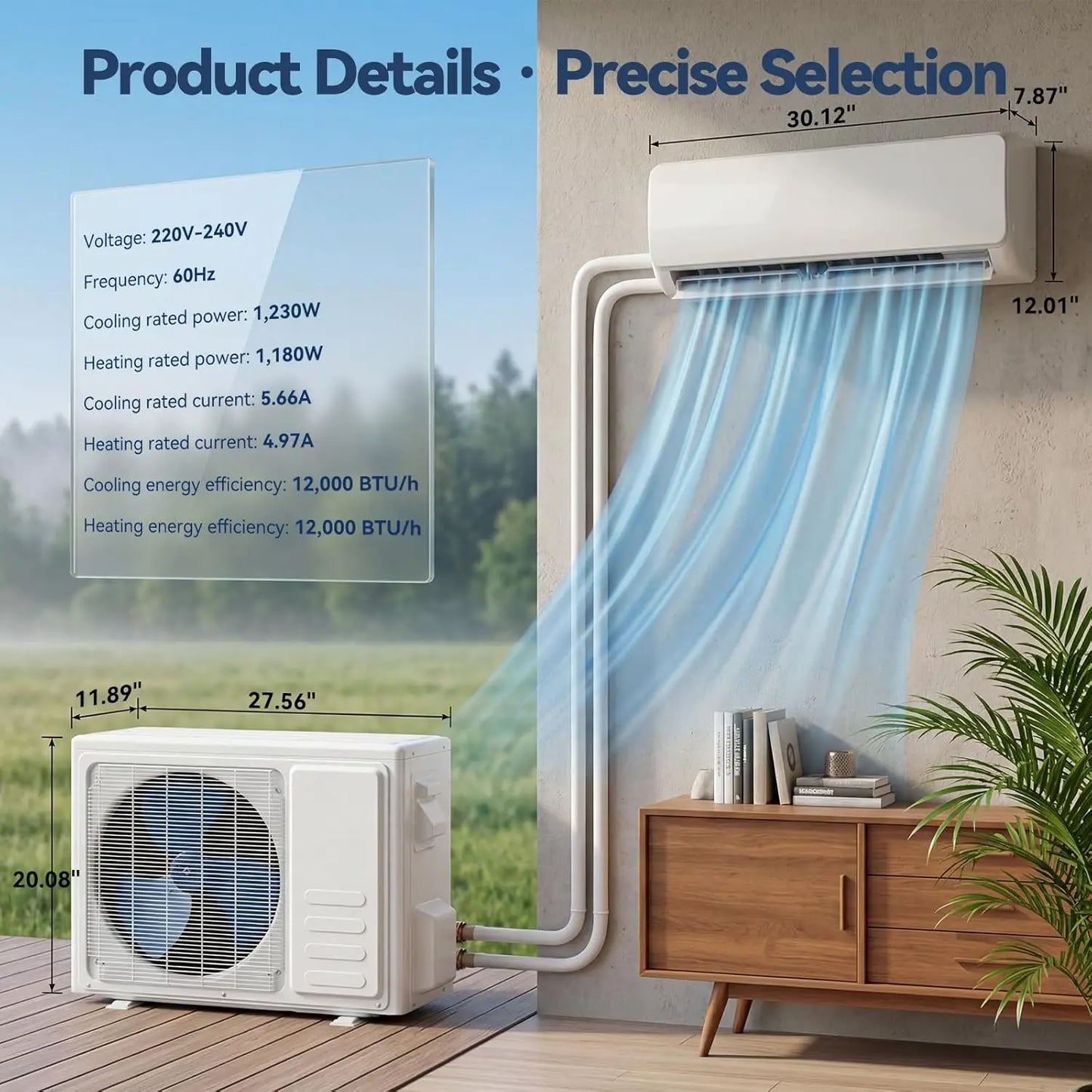 12,000 BTU Mini Split AC/Heating System, 230V Inverter Ductless Air Conditioner with Heat Pump, 17 SEER2 Cools up to 750 Sq. Ft,