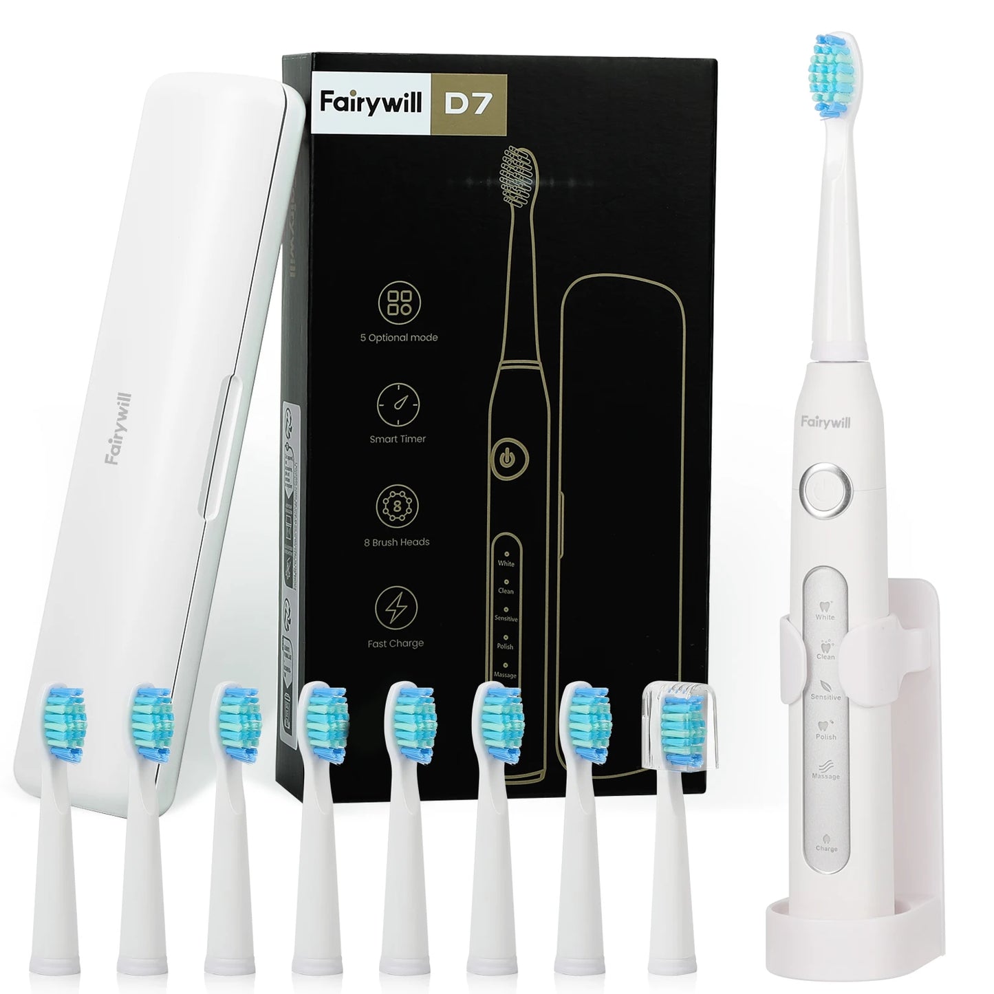 Fairywill Electric Sonic Toothbrush FW-507 USB Charge Rechargeable Adult Waterproof Electronic Tooth Brushes Replacement Heads 8