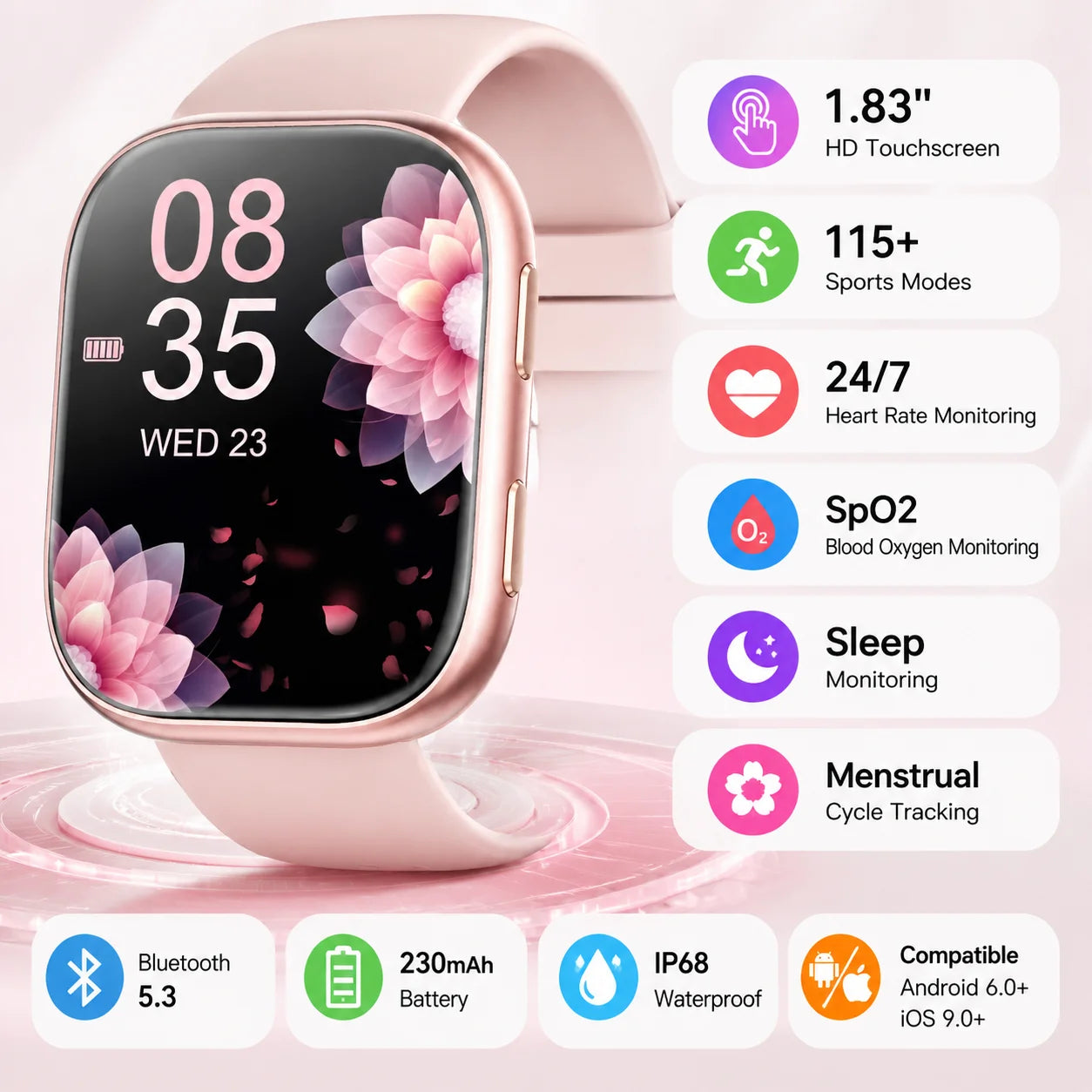 2026 New Ladies Smart Watch 1.83 Inch HD Touch Screen Fitness Tracker, 115+ Sports Modes, Heart Rate Sleep & Menstrual Cycle Monitor, IP67 Waterproof Smartwatch with 7 Replacement Bands Gift Set Compatible with Android iOS