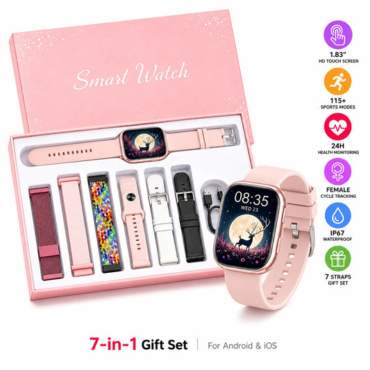 2026 New Ladies Smart Watch 1.83 Inch HD Touch Screen Fitness Tracker, 115+ Sports Modes, Heart Rate Sleep & Menstrual Cycle Monitor, IP67 Waterproof Smartwatch with 7 Replacement Bands Gift Set Compatible with Android iOS