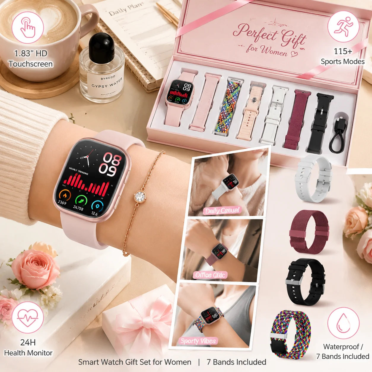 2026 New Ladies Smart Watch 1.83 Inch HD Touch Screen Fitness Tracker, 115+ Sports Modes, Heart Rate Sleep & Menstrual Cycle Monitor, IP67 Waterproof Smartwatch with 7 Replacement Bands Gift Set Compatible with Android iOS
