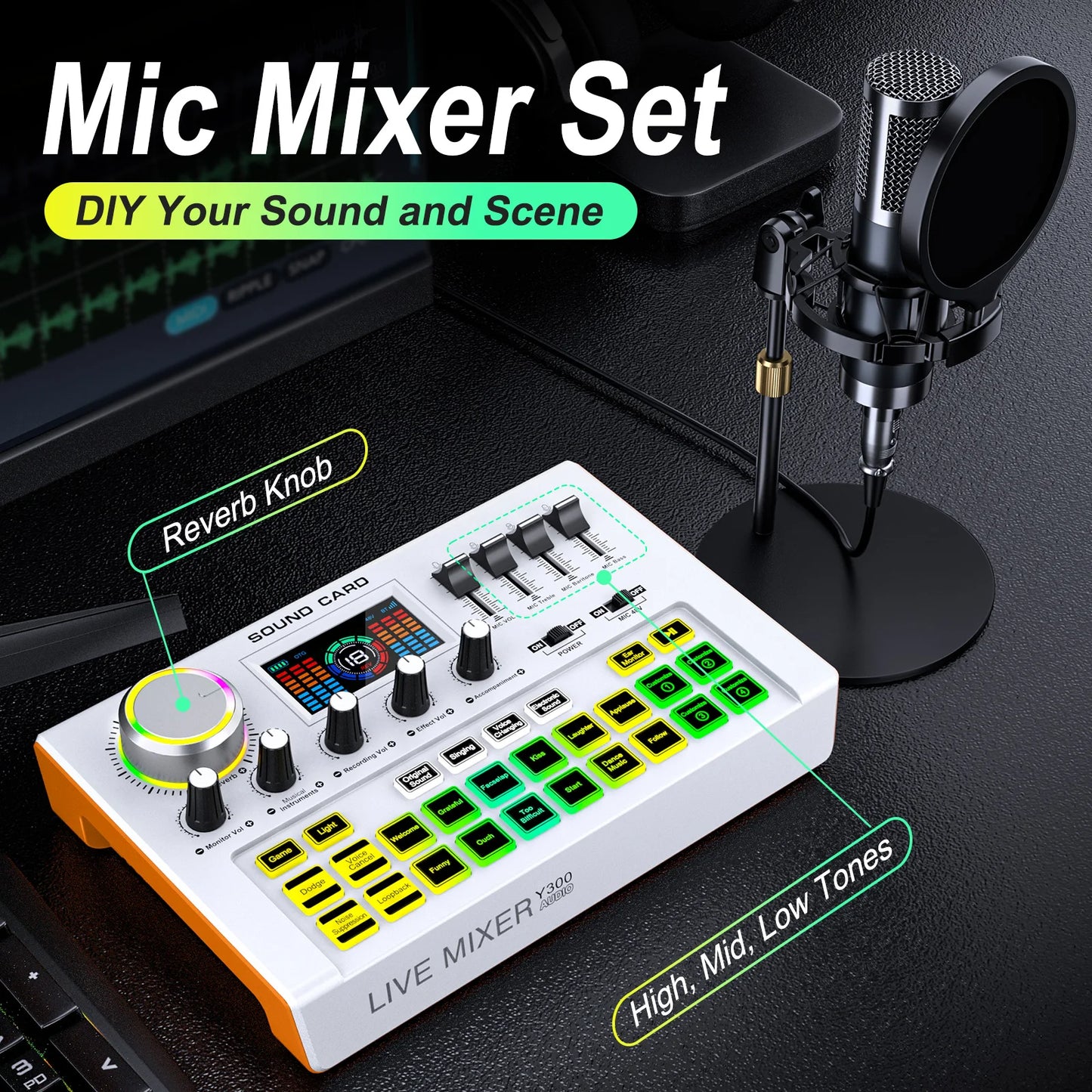 Tenlamp Professional Live Sound Card Audio Mixer Full Set , Podcast Equipment Bundle Kit for 4 People Sound Board Bluetooth  with 3.5mm Condenser Microphone(Y300-P15B) for Pc/Phone For Gaming,Streaming,Singing