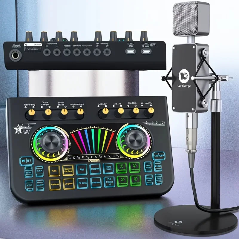 Tenlamp Mic Mixer Set Podcast Influencer KOL Singing Gaming DJ Mixing Station Controller Equipment Studio Recording Electronic Music Mixer Power Karaoke Machine Available Dynamic Condenser Wireless Microphone Portable Microfo