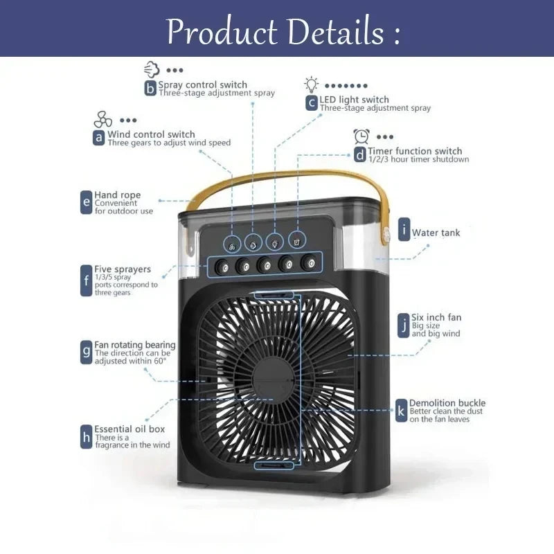 New 3 In 1 Fan AIr Conditioner, Mini Air Cooler, LED Night Light, and Portable Humidifier