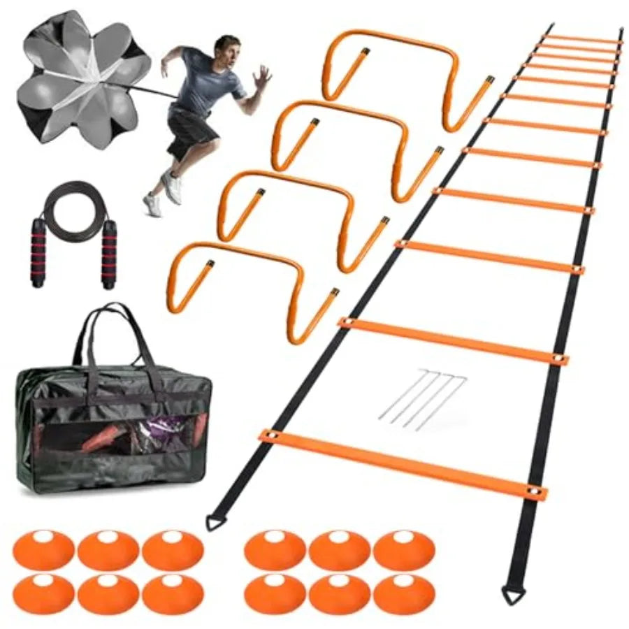 Agility Training Kit With Ladder Hurdles Cones Jump Rope Parachute
