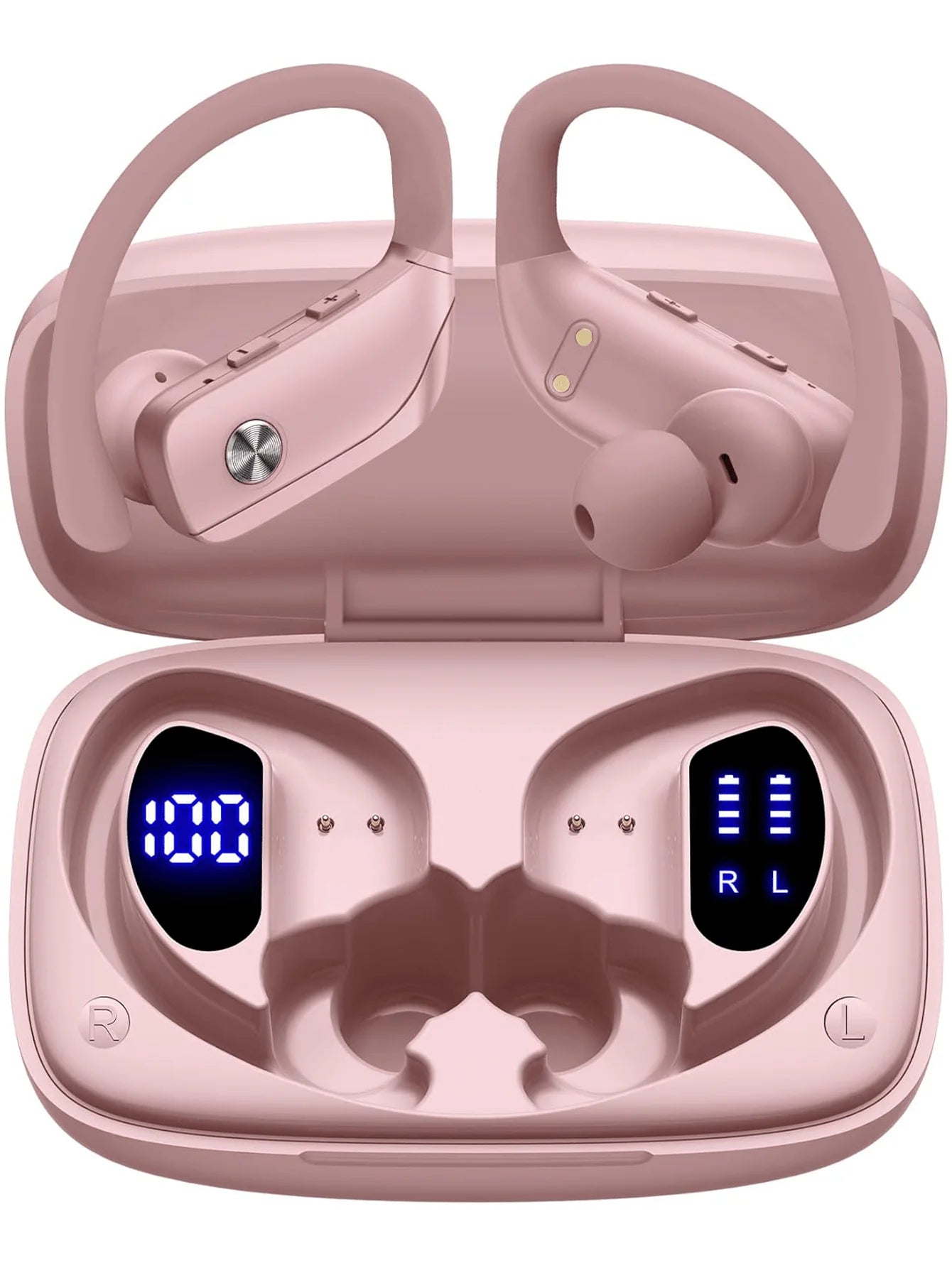 T16 Bluetooth 5.0 Ear-Hook Sports Earphones, IPX5 Waterproof ABS Earbuds, Wireless Charging Case, Dual LED Display, 48H Playtime Voice Control for Fitness Travel Commute
