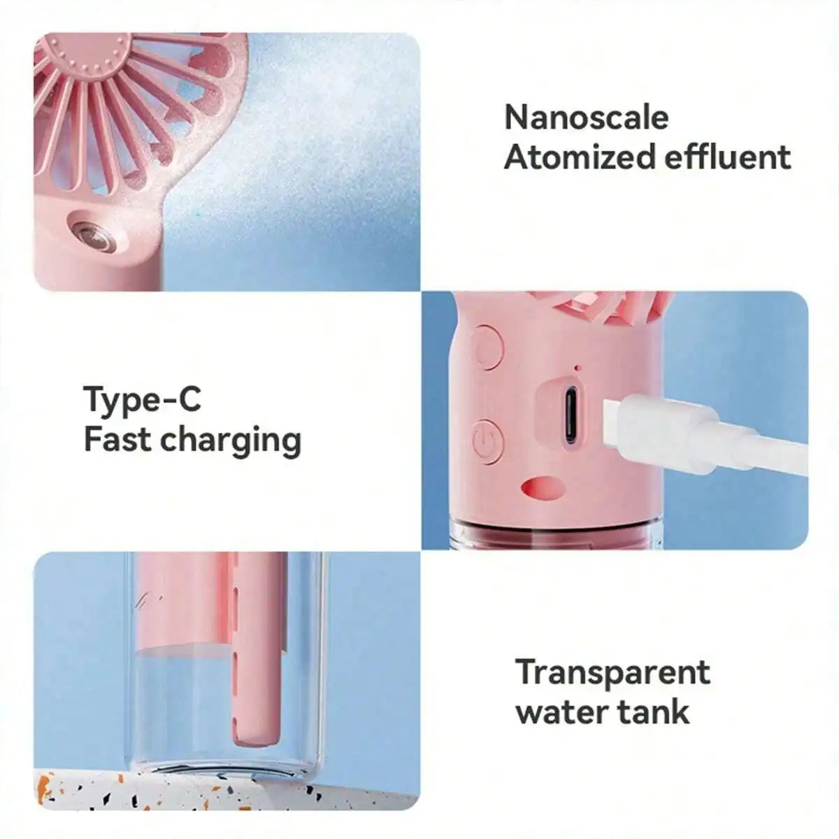 Portable Mist Fan - Handheld Mini Rechargeable, 4 Wind Speeds, With Water Mist - Suitable For Travel, Camping, Outdoor, Home, Of