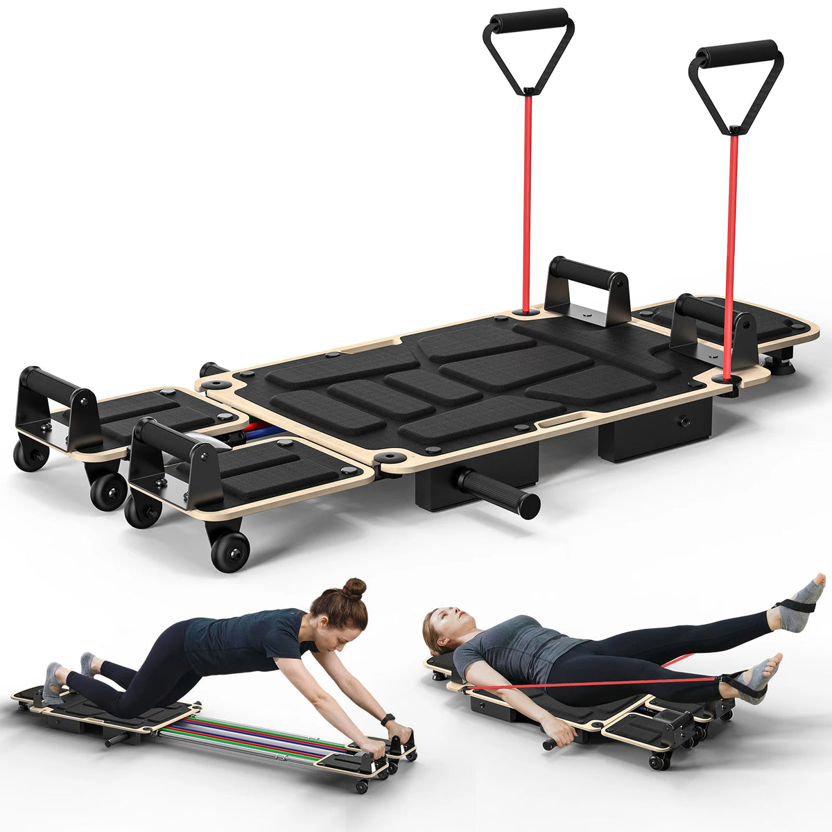 Pilates Reformer Board with Dual Foot Pads and Adjustable Headrest