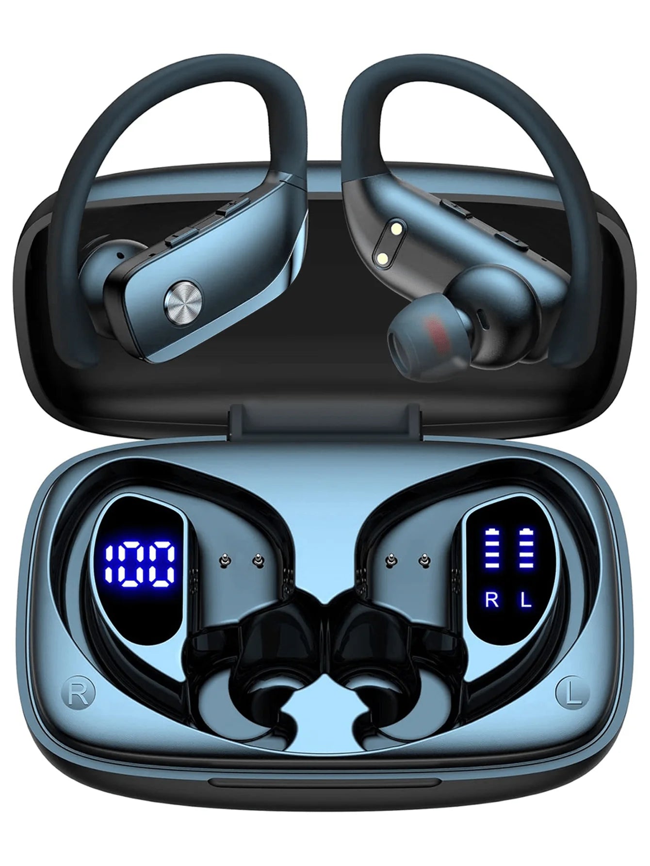 T16 Bluetooth 5.0 Ear-Hook Sports Earphones, IPX5 Waterproof ABS Earbuds, Wireless Charging Case, Dual LED Display, 48H Playtime Voice Control for Fitness Travel Commute