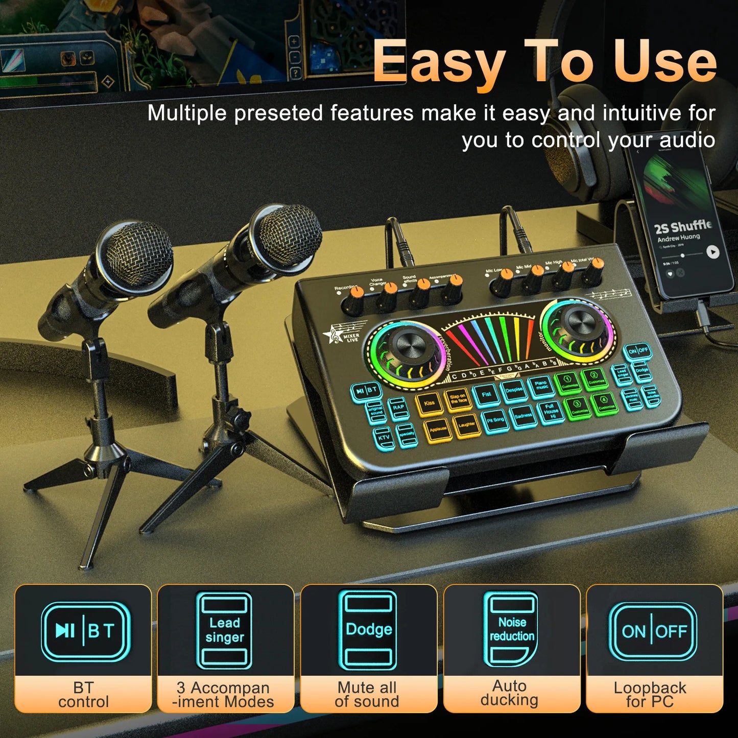 Tenlamp Sound Board for Pc/Phone Live Streaming Singing Gaming Voice Changer,Podcast Microphone Bundle with Live Sound Card Audio Mixer,Studio Professional Recording, Electronic Music Mixer Power Conditioner Karaoke Machine