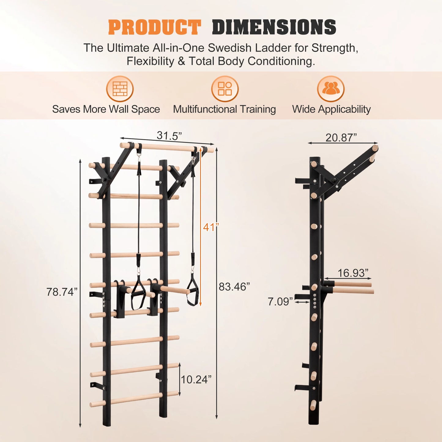 Home Gym Stall Bars Swedish Ladder, Wall Mounted Steel Frame Gym Wall Bars with Pull-Up Station & Dip Bars, Training Ladder for Stretching, Calisthenics and Physical Therapy