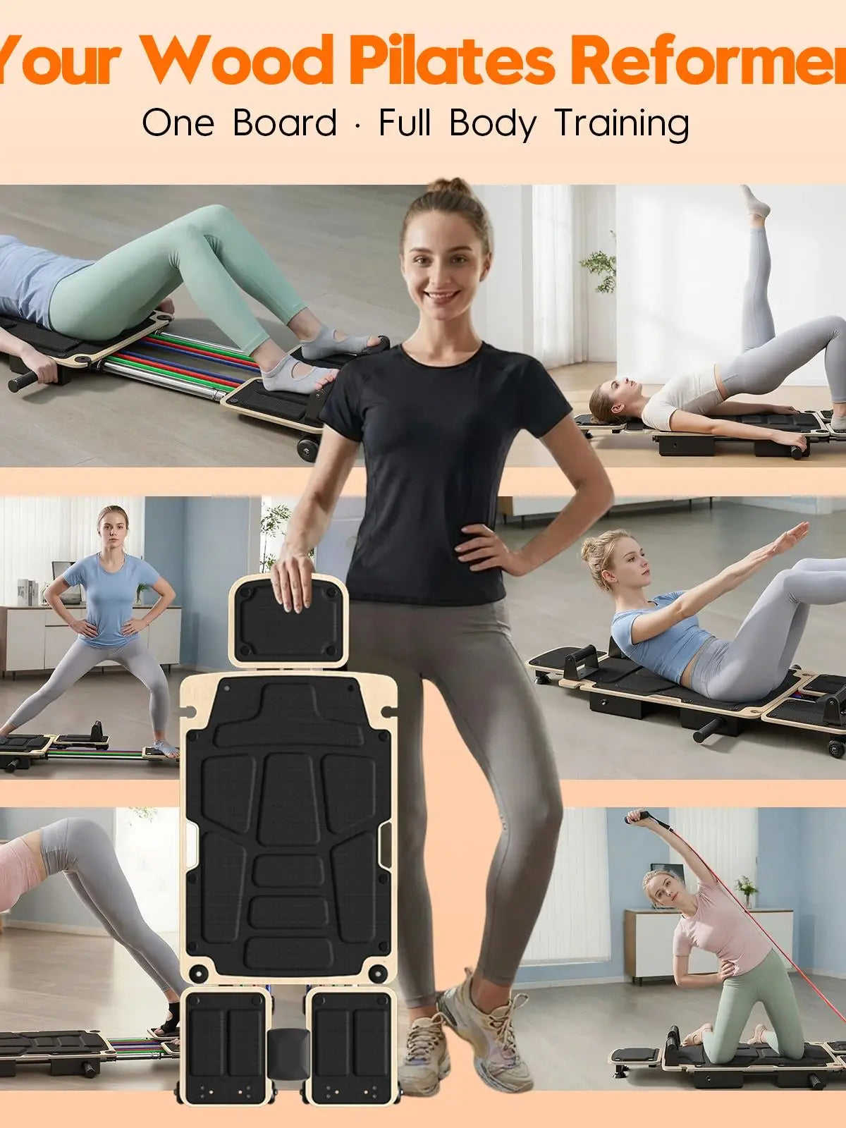 Pilates Reformer Board with Dual Foot Pads and Adjustable Headrest