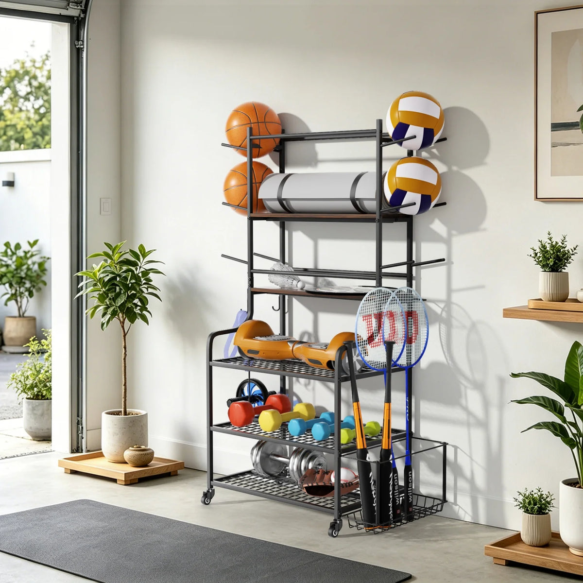 Yoga Mat Storage Rack With Wheels for Home Gym Organization
