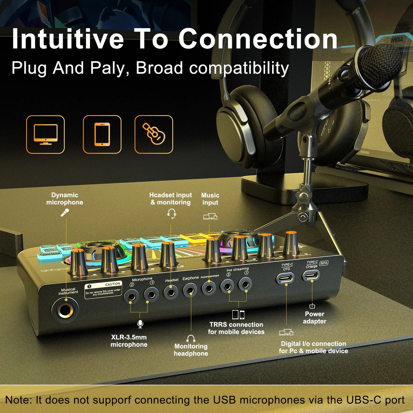 Tenlamp Sound Board for Pc/Phone Live Streaming Singing Gaming Voice Changer,Podcast Microphone Bundle with Live Sound Card Audio Mixer,Studio Professional Recording, Electronic Music Mixer Power Conditioner Karaoke Machine