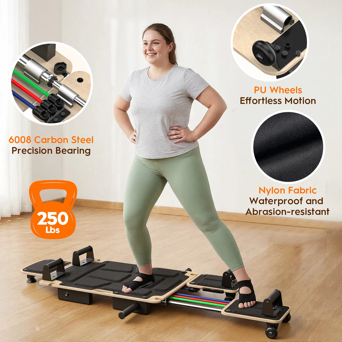 Pilates Reformer Board with Dual Foot Pads and Adjustable Headrest