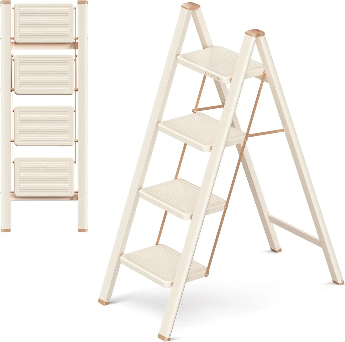 4-Step Folding Step Stool, 330LBS Capacity, Lightweight & Portable for Home Kitchen, Cream Chocolate