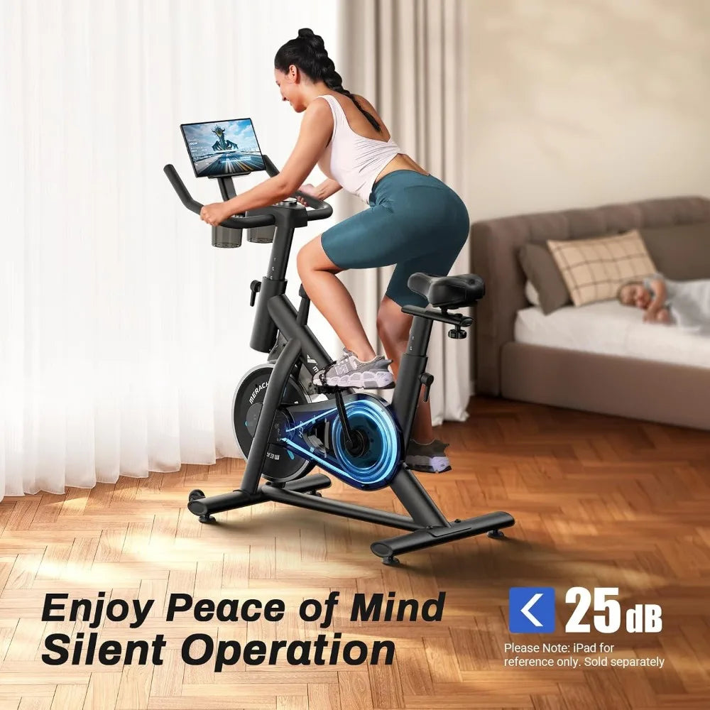 Magnetic Friction Exercise Bike with Brake Pad, App, and Tablet Mount for Low Noise Indoor Cycling and Weight Loss