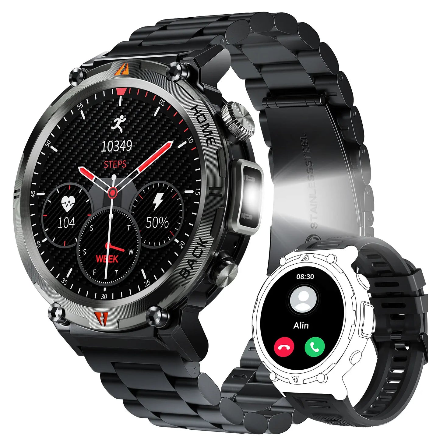 EIGIIS KE3 Bluetooth Call Smartwatch For Men With Health Monitor Flashlight