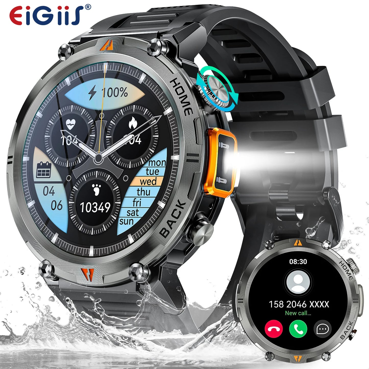 EIGIIS KE3 Bluetooth Call Smartwatch For Men With Health Monitor Flashlight