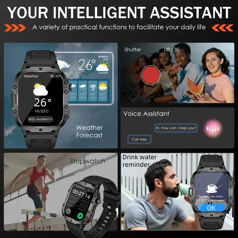 Outdoor Men'S Smart Watch, HD Full Touch Screen Display Wireless Call/Answer Phone Watch,LED Lighting,Multiple Sports Modes ,Outdoor Information Reminder ,Weather Display ,Music Control, Suitable for Iphone & Android,Perfect