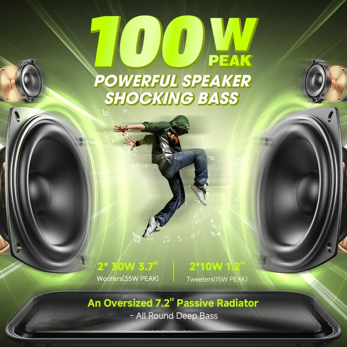 W-KING D9-1 Green Bluetooth Speaker, 100W Peak 60W HD IPX6 Portable Speaker Wireless; Loud Waterproof Outdoor Party Large Boombox 2 Subwoofer