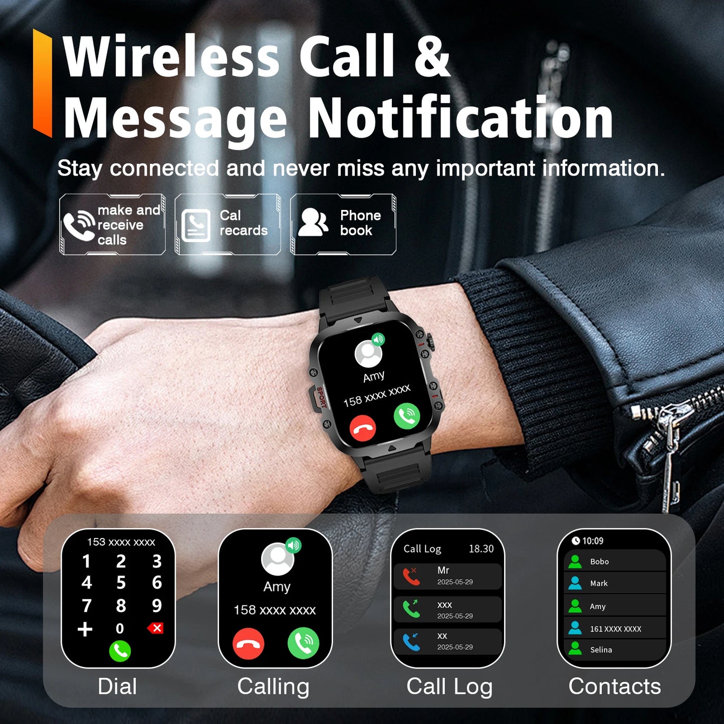 Outdoor Men'S Smart Watch, HD Full Touch Screen Display Wireless Call/Answer Phone Watch,LED Lighting,Multiple Sports Modes ,Outdoor Information Reminder ,Weather Display ,Music Control, Suitable for Iphone & Android,Perfect