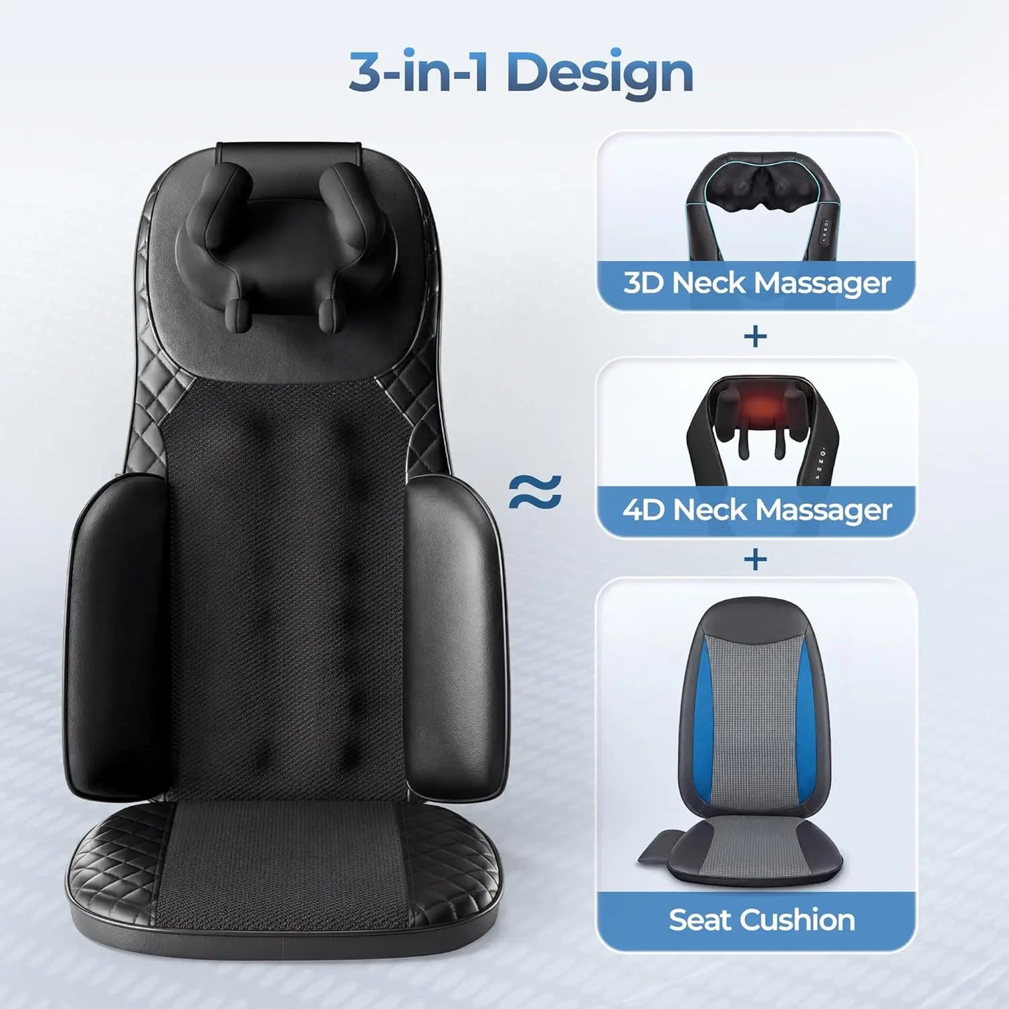 3-in-1 Shiatsu Neck and Back Massage Cushion with Heat - 4D Kneading and Vibration for Muscle Relief, Adjustable Intensity and Height for Office Chair and Home Use, Full Body Massage Pad for Recliner and Sofa, Massage Chair P