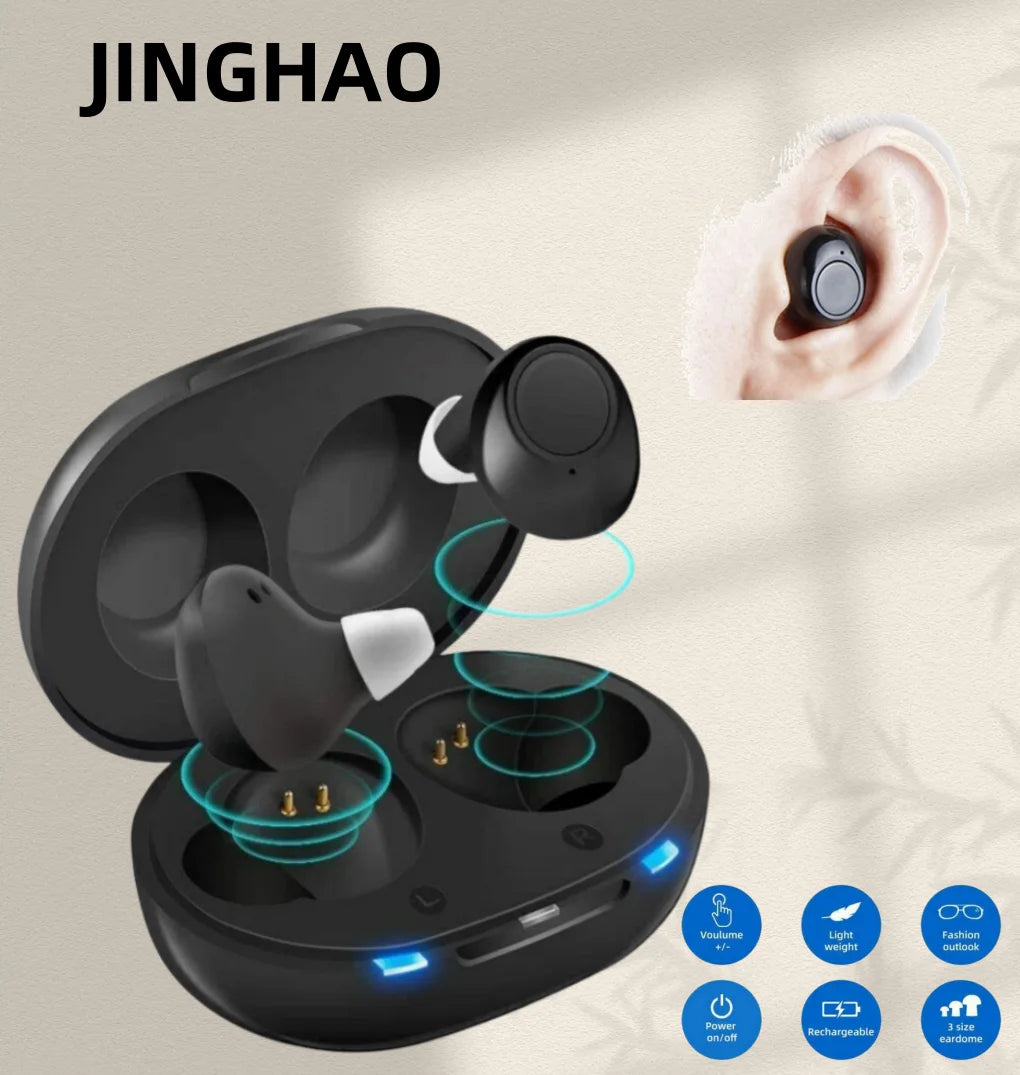 JINGHAO Rechargeable Hearing Aid In-Ear Enhancer Sound Voice Amplifier Black Color Fashion Design