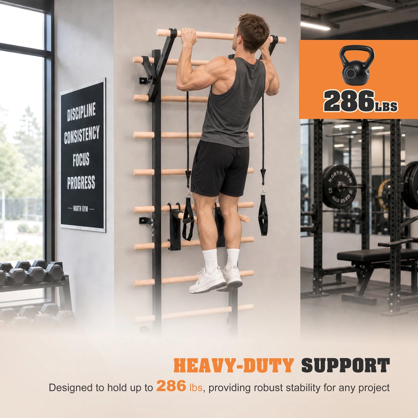 Home Gym Stall Bars Swedish Ladder, Wall Mounted Steel Frame Gym Wall Bars with Pull-Up Station & Dip Bars, Training Ladder for Stretching, Calisthenics and Physical Therapy