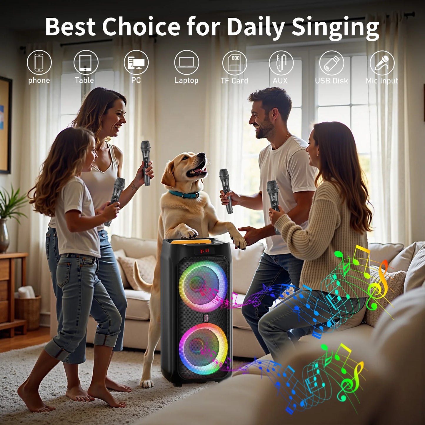FanFun Karaoke Machine Bluetooth PA System 500W Peak DJ Lights