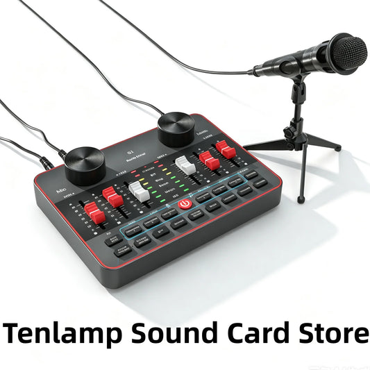 Tenlamp Professional Live Sound Card Audio Full Set USB Studio Mixer,Podcast Equipment Bundle Kit for 4 People with 3.5mm Condenser Microphone for Pc/Phone Live Streaming Gaming Singing