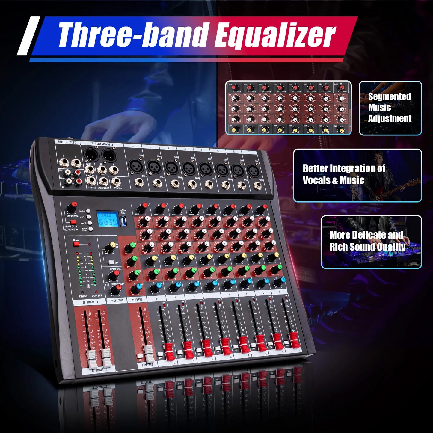 Multifunctional Mixer，Professional 8-Way Microphone Input，3-Band Equalizer Vocal Adjustment，Bluetooth High Compatibility Mixer