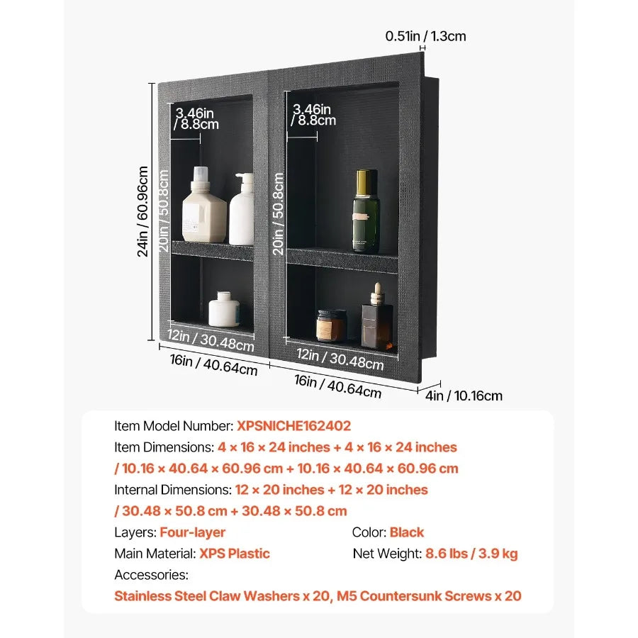 Recessed Wall Niche Set 16 x 24 inch + 16 x 24 inch with Adjustable Shelf 4-inch Thick Storage Organizer for Soap and Shampoo S