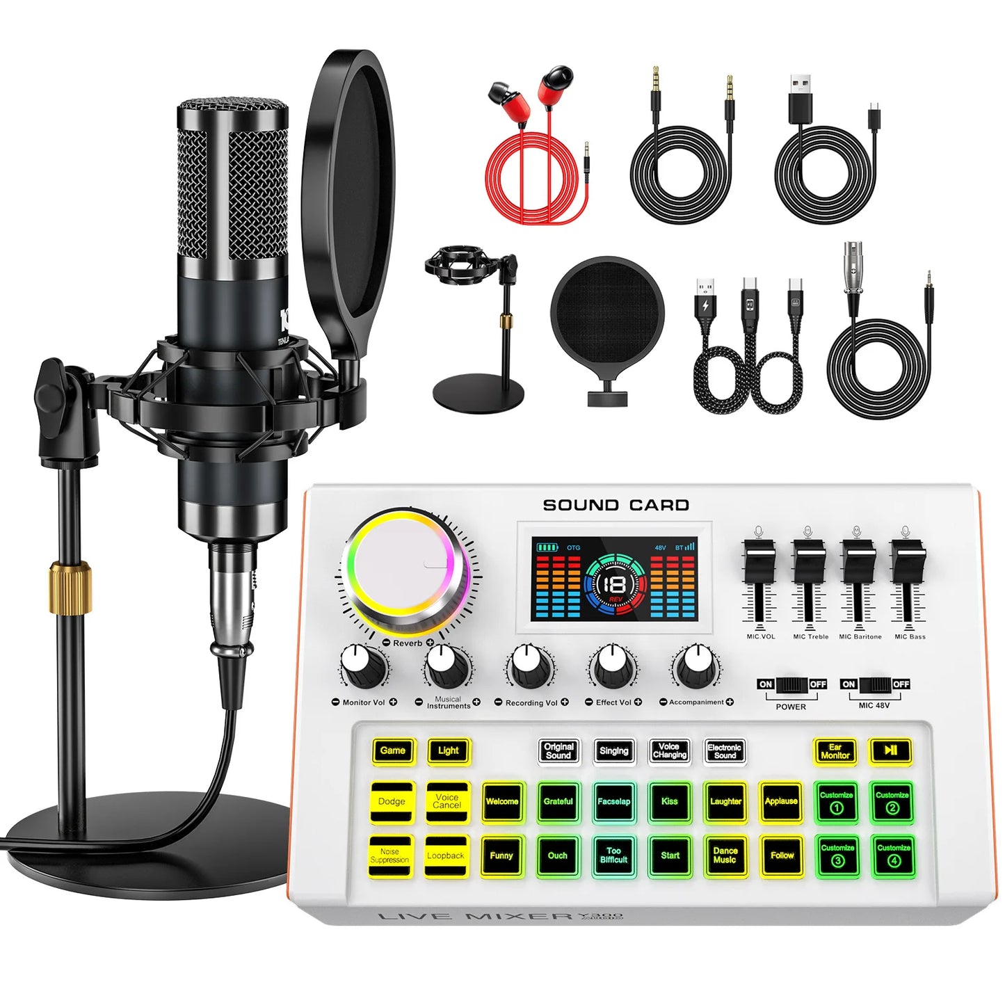 Tenlamp Professional Live Sound Card Audio Mixer Full Set , Podcast Equipment Bundle Kit for 4 People Sound Board Bluetooth  with 3.5mm Condenser Microphone(Y300-P15B) for Pc/Phone For Gaming,Streaming,Singing