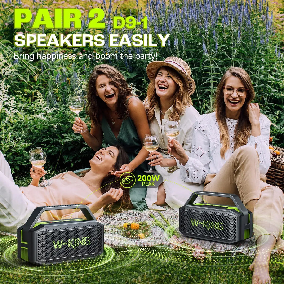 W-KING D9-1 Green Bluetooth Speaker, 100W Peak 60W HD IPX6 Portable Speaker Wireless; Loud Waterproof Outdoor Party Large Boombox 2 Subwoofer