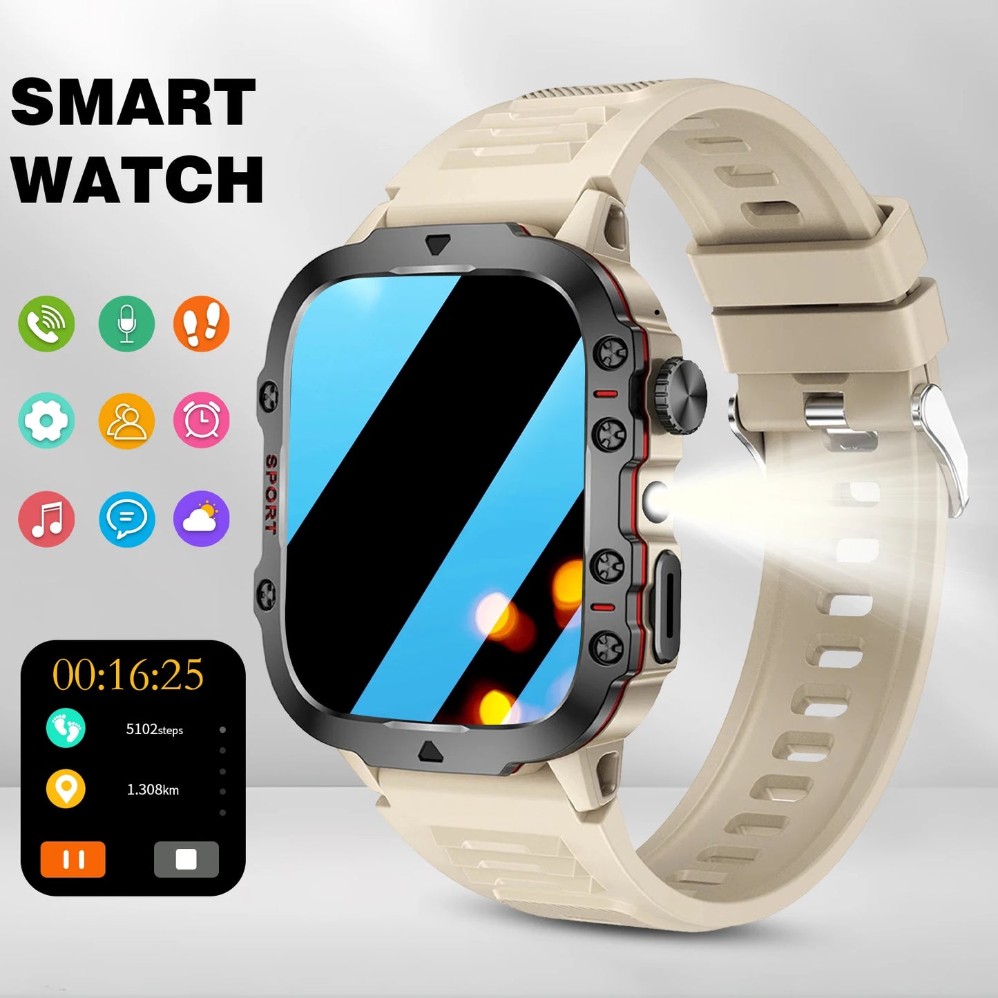 Smartwatch Men Flashlight Waterproof Outdoor Sport Tracker HD Bluetooth Call Smart Watch
