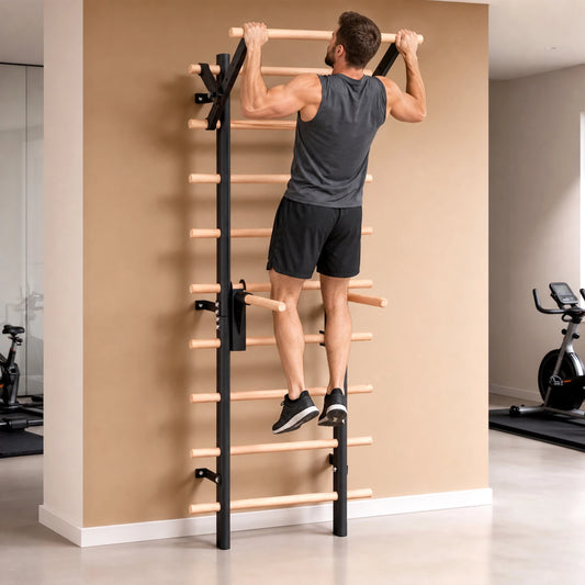 Home Gym Stall Bars Swedish Ladder, Wall Mounted Steel Frame Gym Wall Bars with Pull-Up Station & Dip Bars, Training Ladder for Stretching, Calisthenics and Physical Therapy