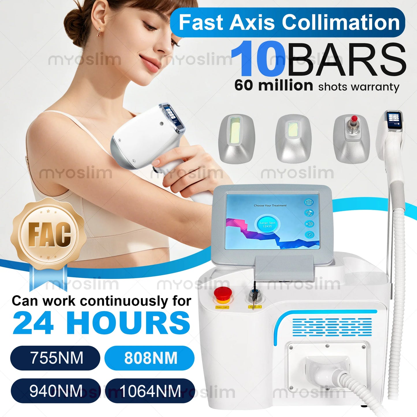 Portable FAC 10Bars 755 808 940 1064nm Diode Hair Removal Machine 60M Shots Ice Cooling Magnetic 3Tips Salon Epilator