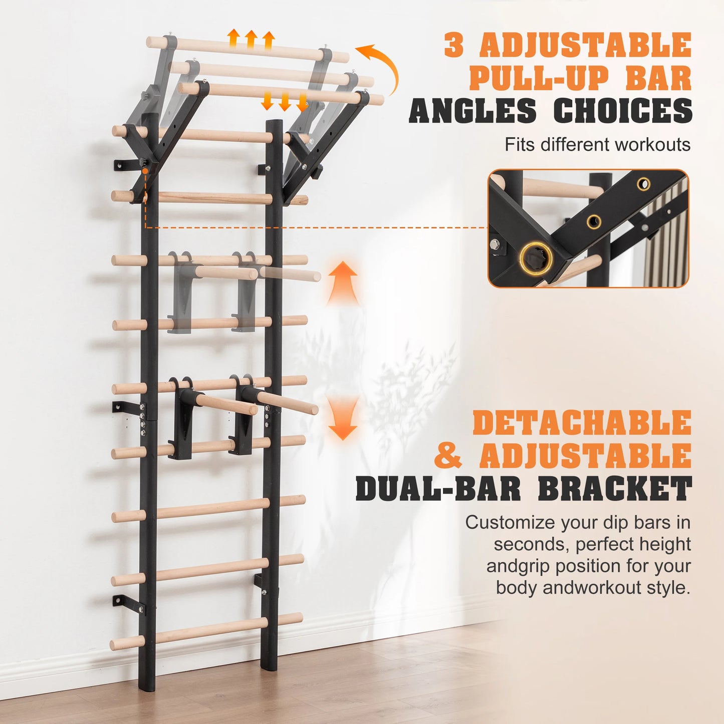 Home Gym Stall Bars Swedish Ladder, Wall Mounted Steel Frame Gym Wall Bars with Pull-Up Station & Dip Bars, Training Ladder for Stretching, Calisthenics and Physical Therapy