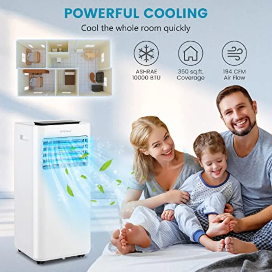 Portable air conditioner for bedroom office dorm use, ABS plastic housing, white color, 10000 BTU cooling with 3-in-1 function,