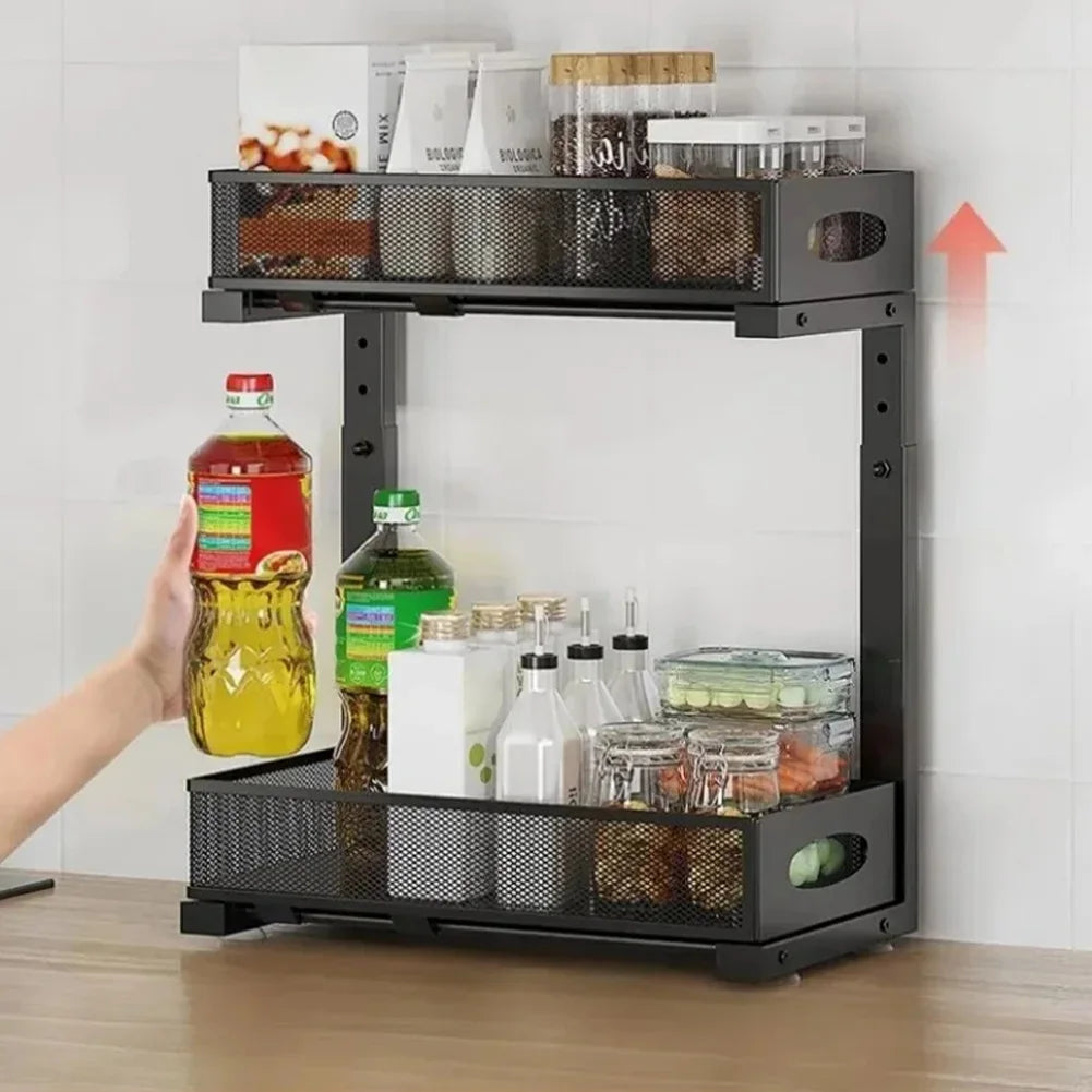 2 Tier Adjustable Height Under Sink Organizer with Sliding Drawer Pull Out Under Cabinet Kitchen Bathroom Organizer and Storage