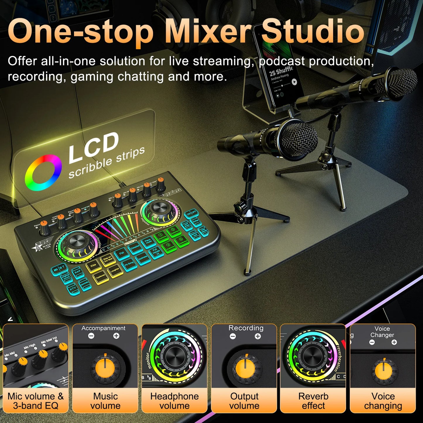 Tenlamp Sound Board for Pc/Phone Live Streaming Singing Gaming Voice Changer,Podcast Microphone Bundle with Live Sound Card Audio Mixer,Studio Professional Recording, Electronic Music Mixer Power Conditioner Karaoke Machine