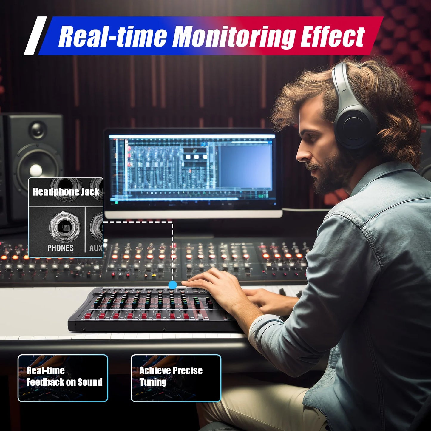 Multifunctional Mixer，Professional 8-Way Microphone Input，3-Band Equalizer Vocal Adjustment，Bluetooth High Compatibility Mixer