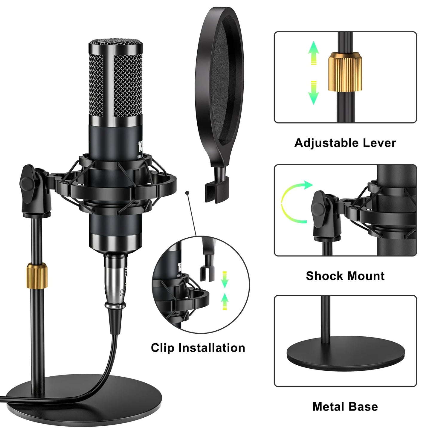 Tenlamp Professional Live Sound Card Audio Mixer Full Set , Podcast Equipment Bundle Kit for 4 People Sound Board Bluetooth  with 3.5mm Condenser Microphone(Y300-P15B) for Pc/Phone For Gaming,Streaming,Singing