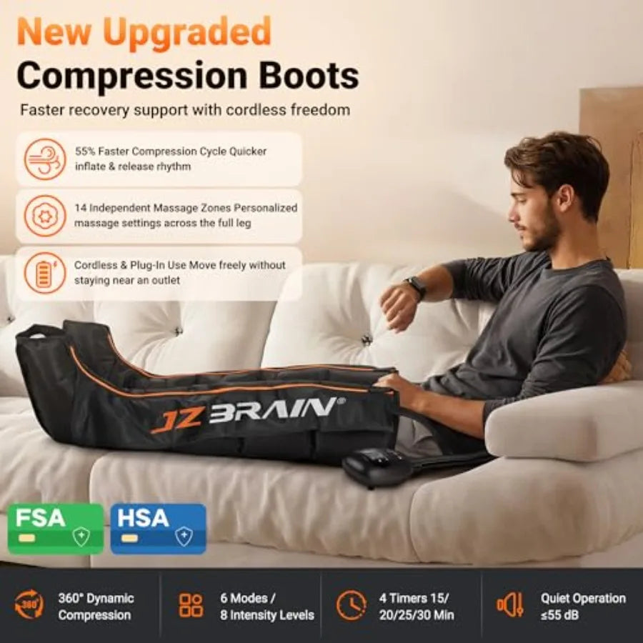 Athletes' leg compression massager for circulation recovery: cordless air compression boots with 6 modes, 8 intensity levels, m