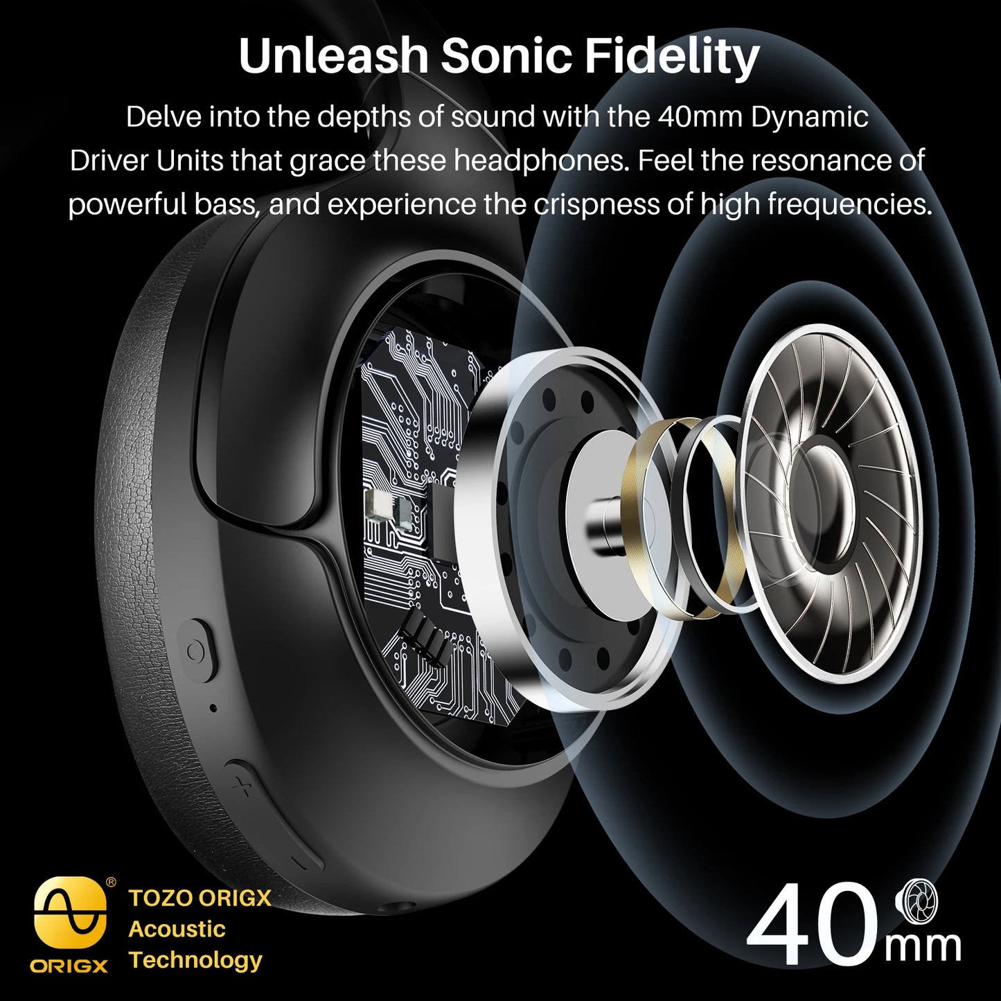 TOZO Refurbished Hi-Res Over Ear Headphones Hybrid ANC