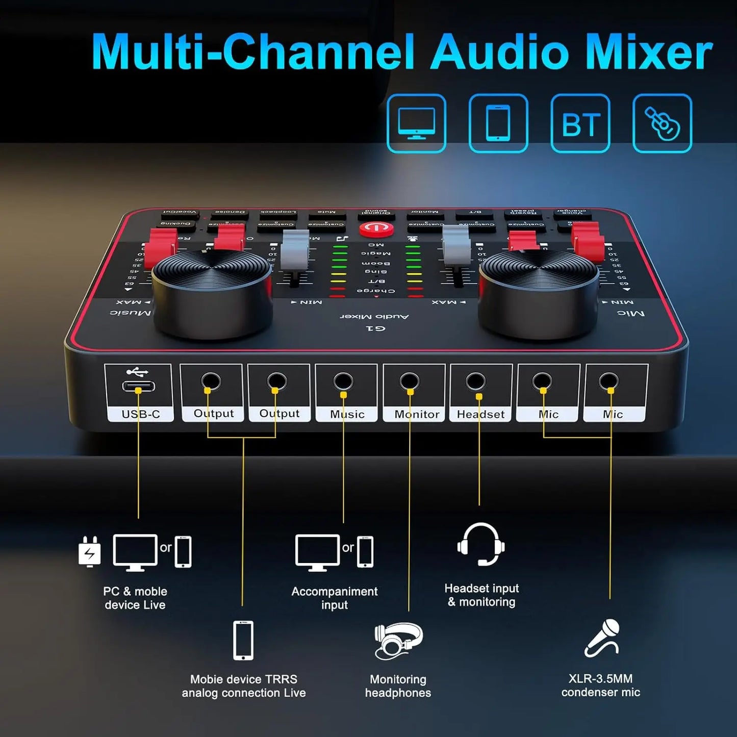 Tenlamp Professional Live Sound Card Audio Full Set USB Studio Mixer,Podcast Equipment Bundle Kit for 4 People with 3.5mm Condenser Microphone for Pc/Phone Live Streaming Gaming Singing